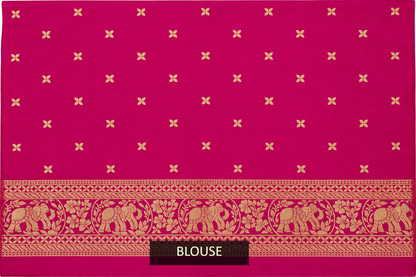 Rani Pink Woven Banarasi Silk Saree with Gold Zari Elephant & Floral Border