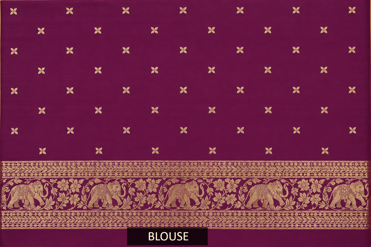 Wine Woven Banarasi Silk Saree with Gold Zari Elephant & Floral Border