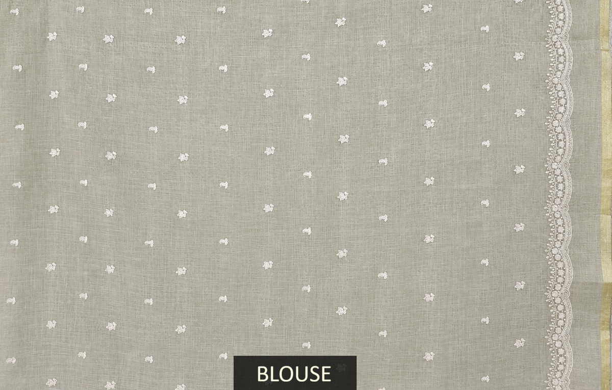 Ivory Linen Tissue Cotton Saree with Intricate Floral Embroidery