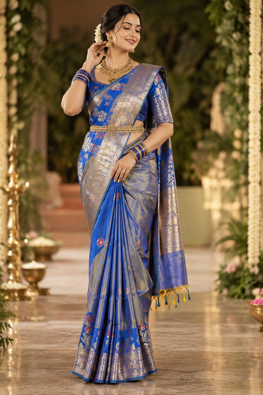 Royal Blue A Silk Fancy Open Border Butty Self Saree