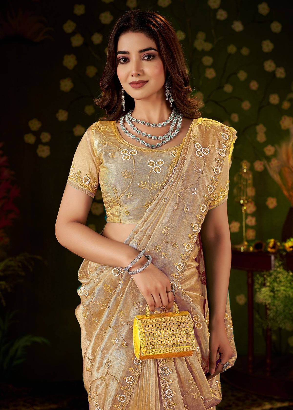 Elegant half view of Chhoga Champagne Gold Tissue Silk Saree with embellished floral design