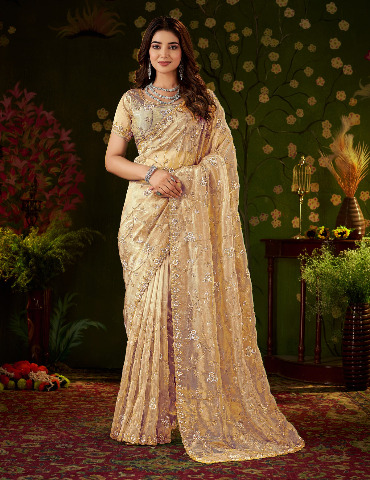 chhoga champagne gold designer tissue silk saree with floral vine hand work