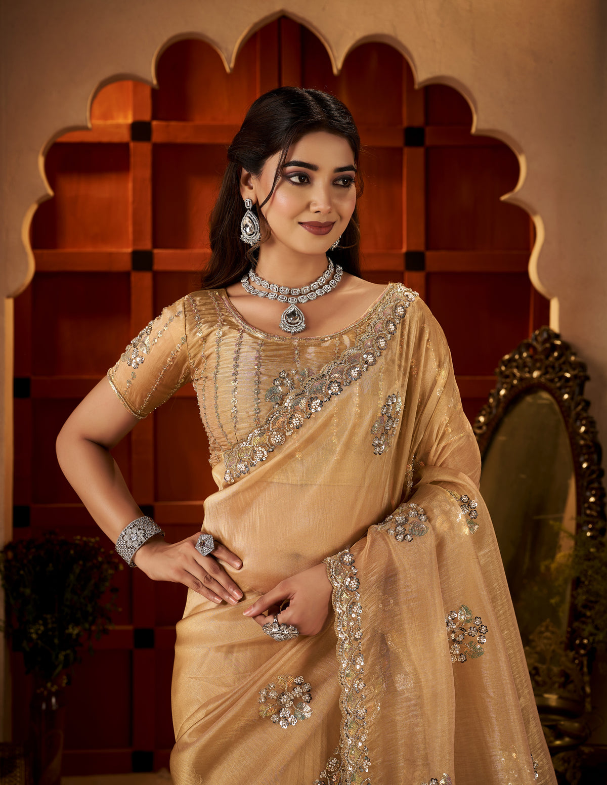chhoga champagne gold floral motif saree scalloped border with intricate bead work