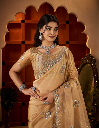 Chhoga Champagne Gold Floral Motif Saree scalloped border with intricate bead work