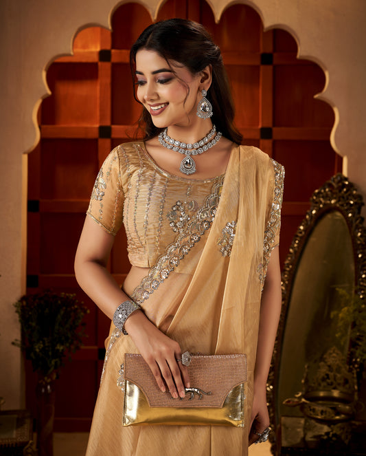 Chhoga Champagne Gold Floral Motif Saree floral design with hand embellishments and bead work