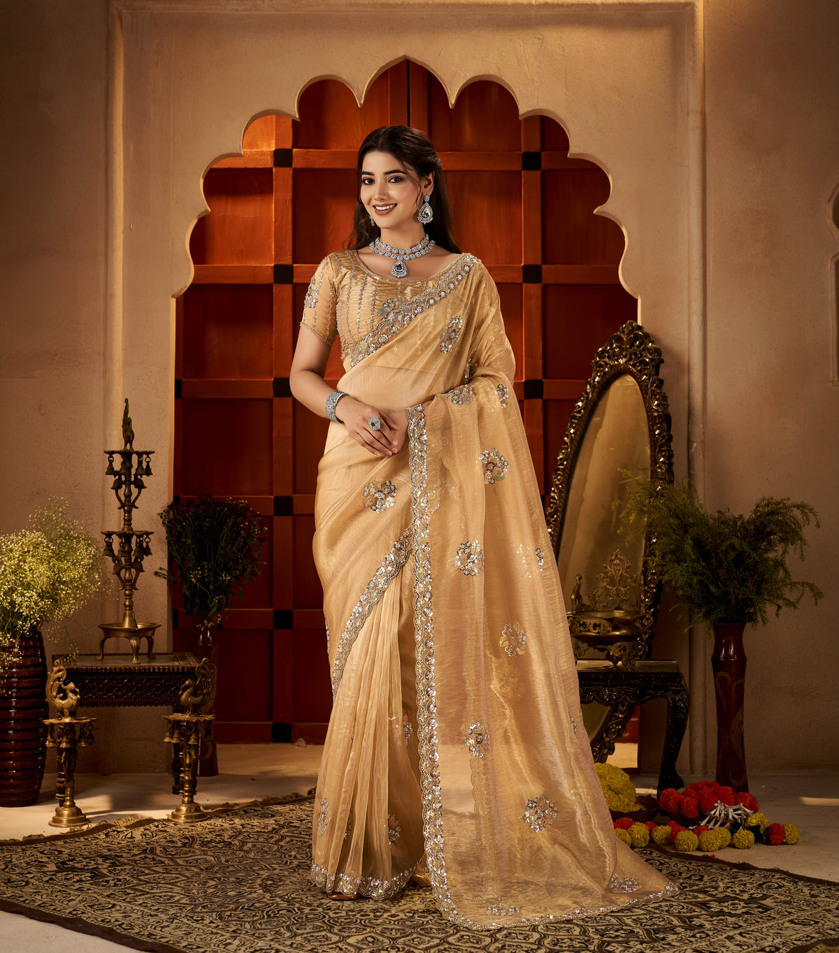 Chhoga Champagne Gold Floral Motif Saree elegant occasion wear