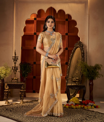 Chhoga Champagne Gold Floral Motif Saree with delicate floral hand embellishments