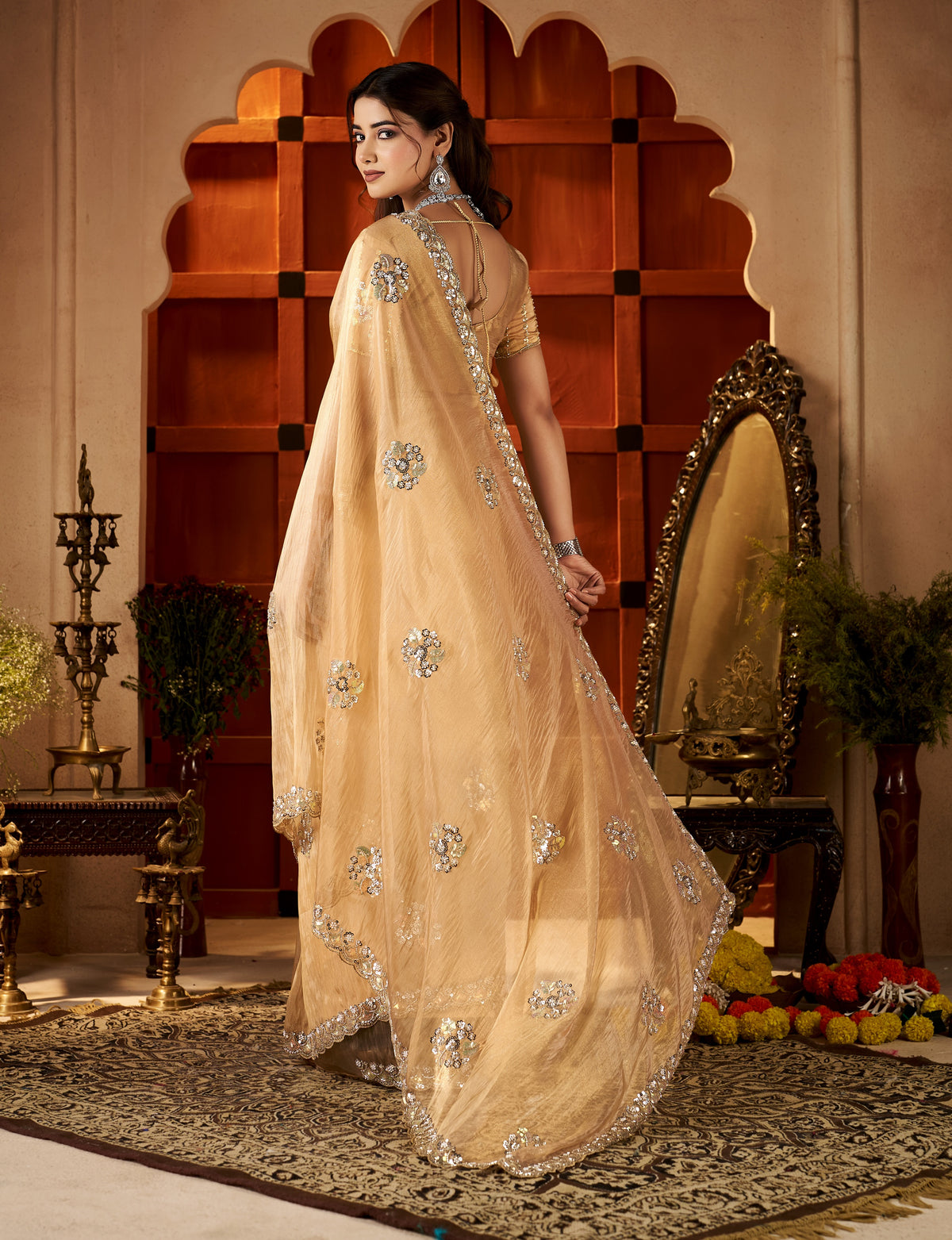 Chhoga Champagne Gold Floral Motif Saree pallu with delicate floral hand embellishments