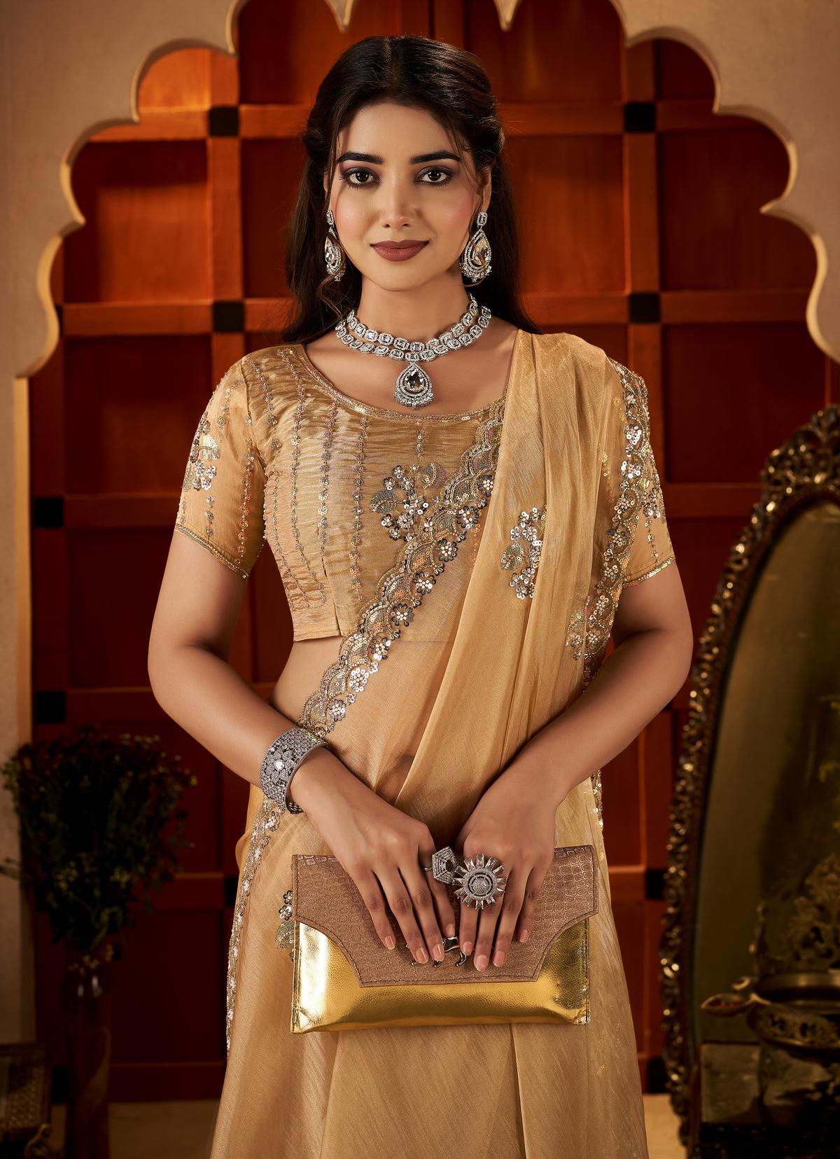 chhoga champagne gold floral motif saree pleats with elegant hand embellishments