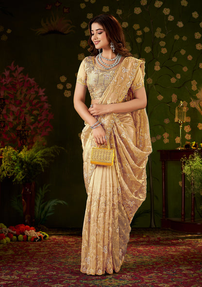 Full view of Chhoga Champagne Gold Floral Vine Tissue Silk Saree with hand work