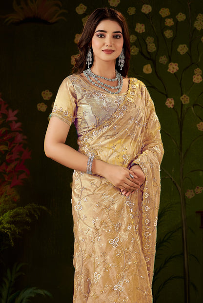 Chhoga Champagne Gold Floral Vine Tissue Silk Saree with intricate hand work - half view