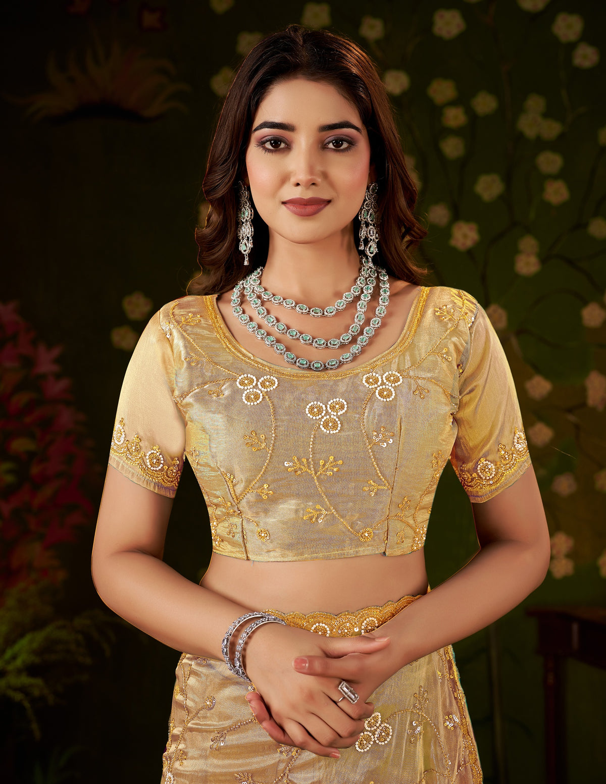 Chhoga Champagne Gold Tissue Silk blouse piece with matching floral hand work