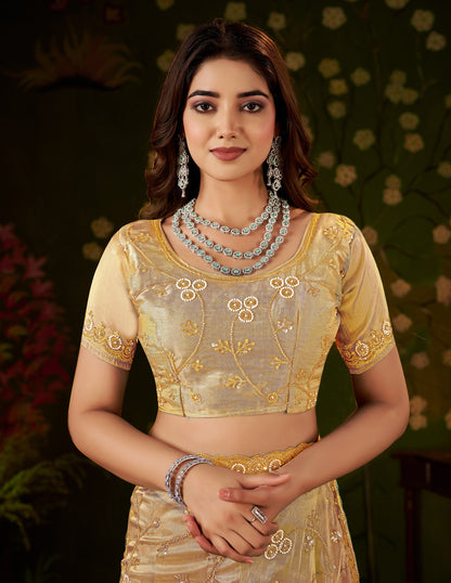 Chhoga Champagne Gold Tissue Silk blouse piece with matching floral hand work
