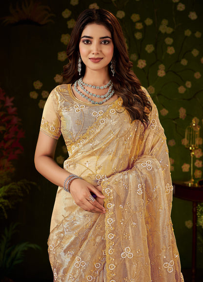 Chhoga Champagne Gold hand work tissue silk saree in elegant half view