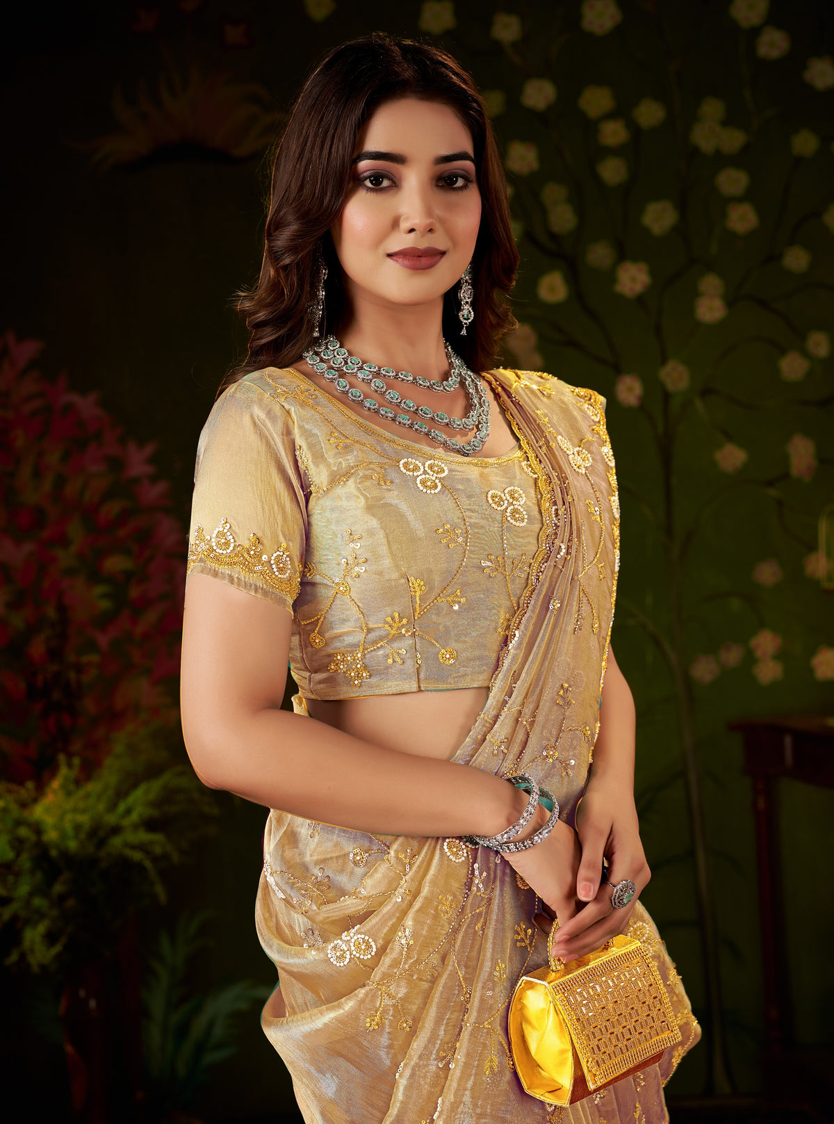champagne gold floral vine party wear tissue silk saree by chhoga - half look