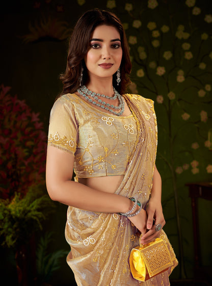Champagne Gold floral vine party wear tissue silk saree by Chhoga - half look