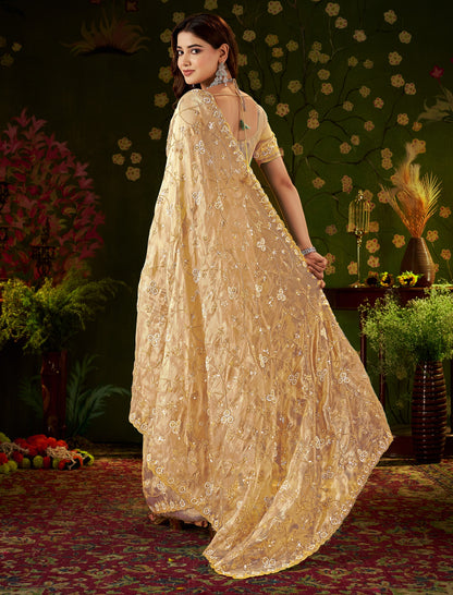 Back view of Chhoga Champagne Gold Floral Vine Tissue Silk Saree
