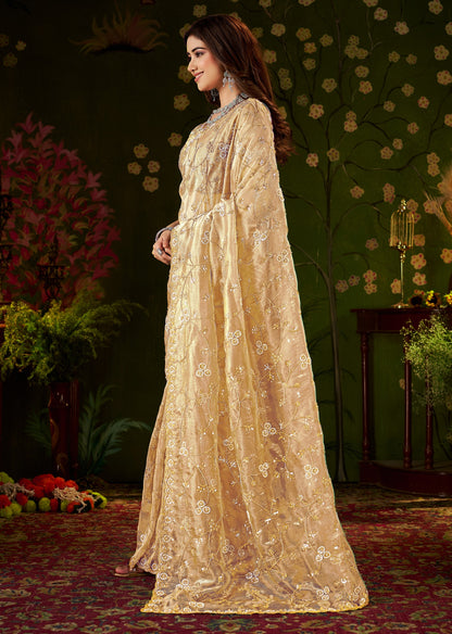 Detailed pallu of Chhoga Champagne Gold Floral Vine Tissue Silk Saree with hand work and bead embellishments
