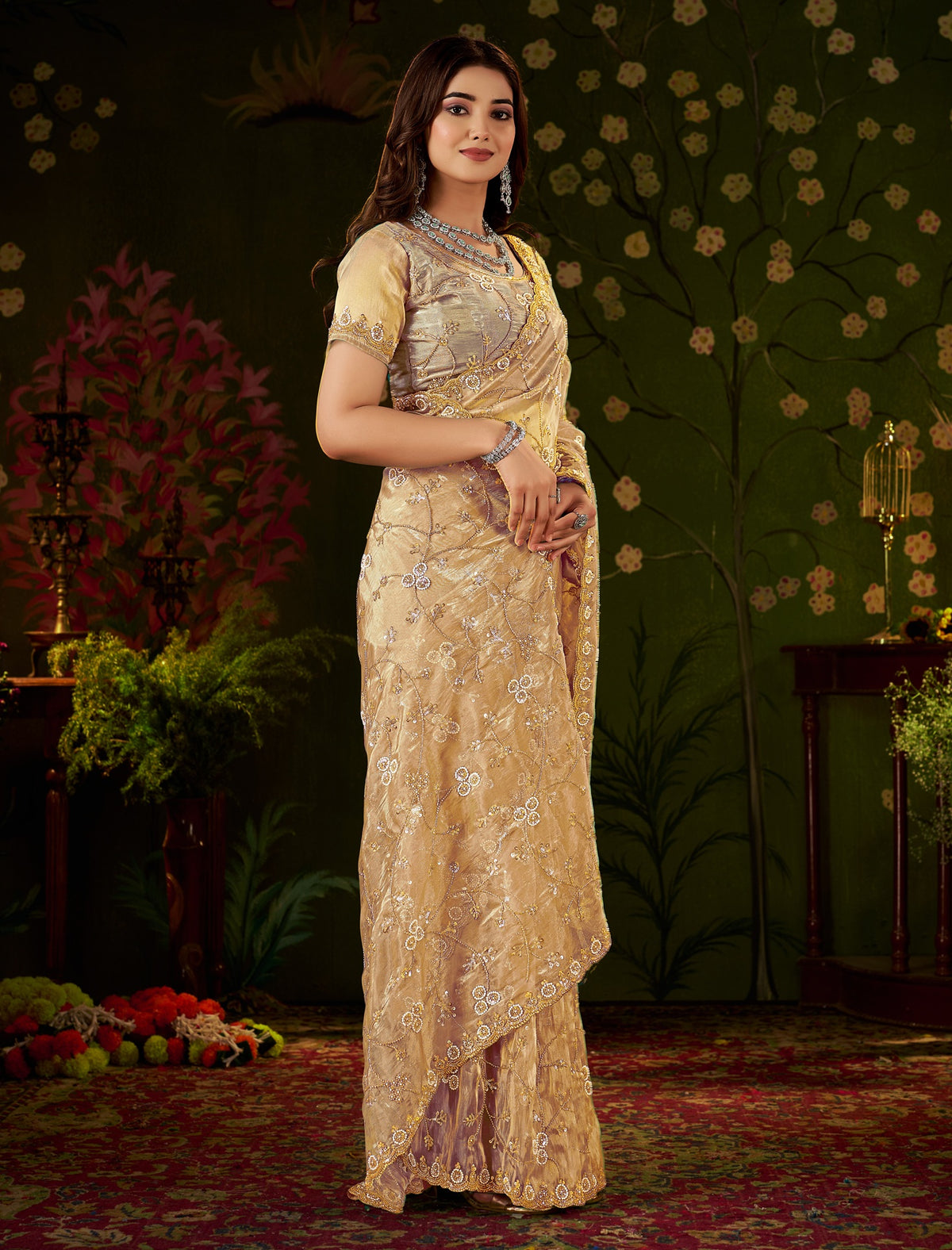 side view of chhoga champagne gold floral vine tissue silk saree