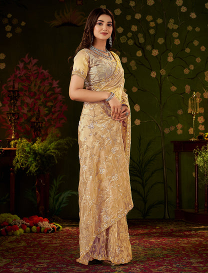 Side view of Chhoga Champagne Gold Floral Vine Tissue Silk Saree