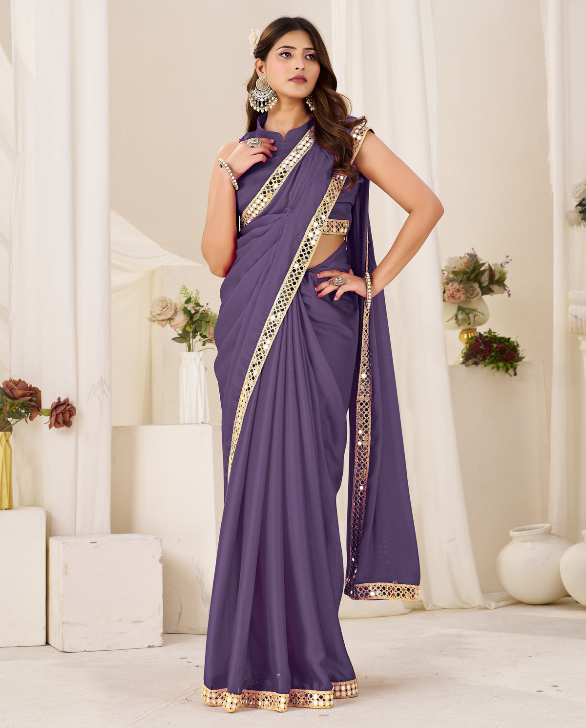 chiffon silk dusty purple saree with gold mirror border for festive celebrations