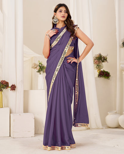 Chiffon Silk Dusty Purple Saree with Gold Mirror Border for festive celebrations