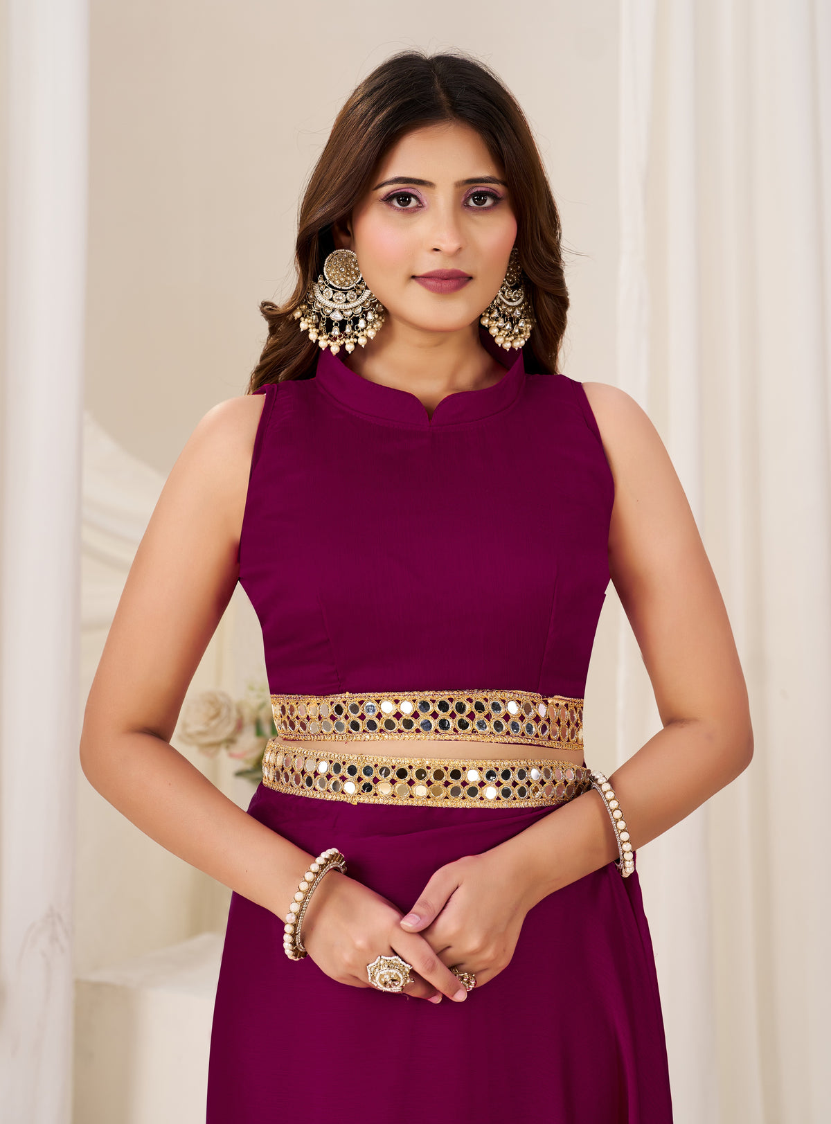 matching blouse front with chiffon silk deep magenta saree
