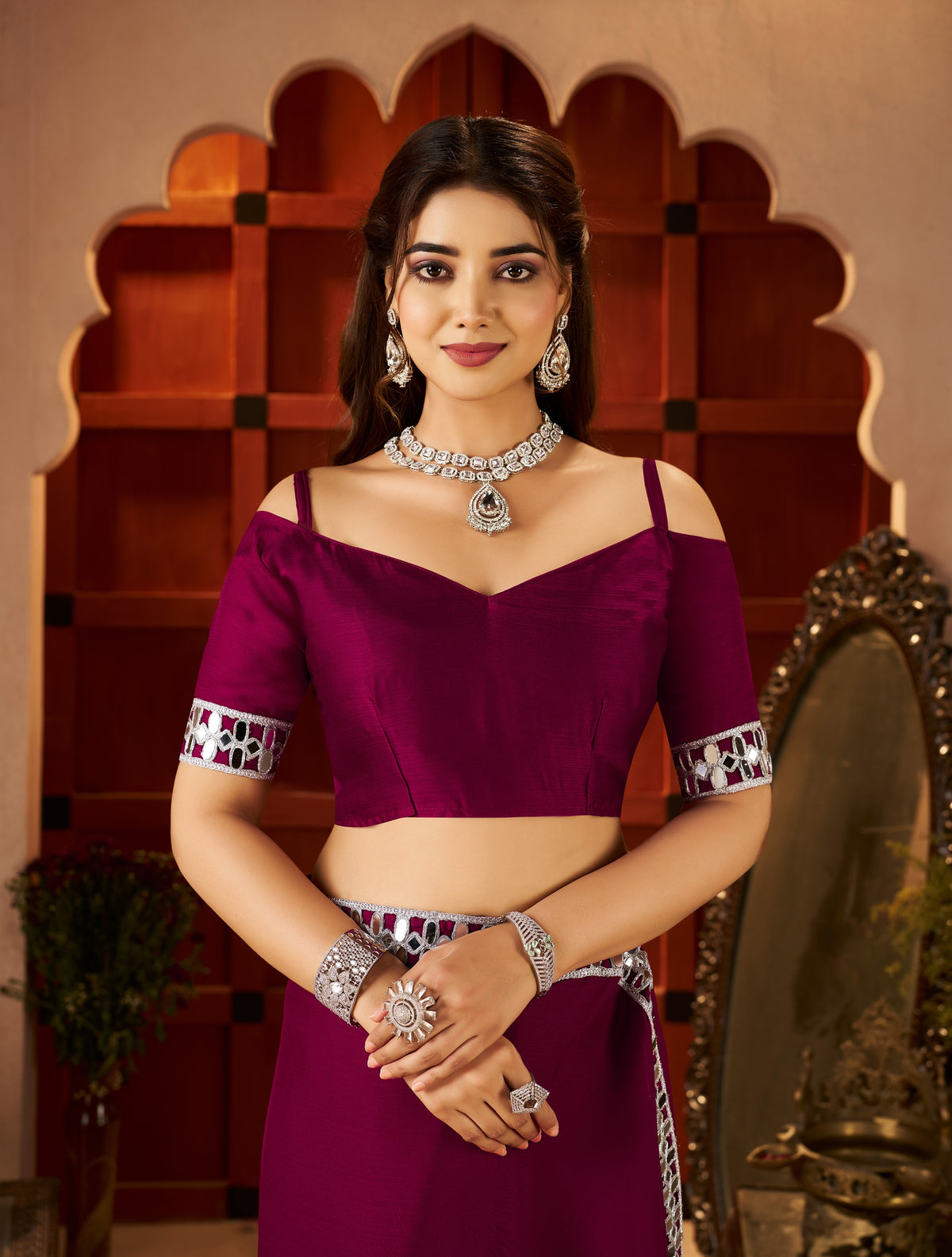 Matching blouse front with Chiffon Silk Deep Magenta Saree