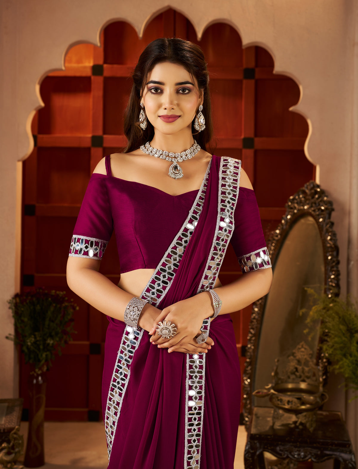Silver Mirror Embellished Border detail on Chiffon Silk Deep Magenta Saree