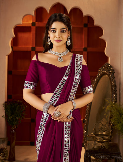 Silver Mirror Embellished Border detail on Chiffon Silk Deep Magenta Saree
