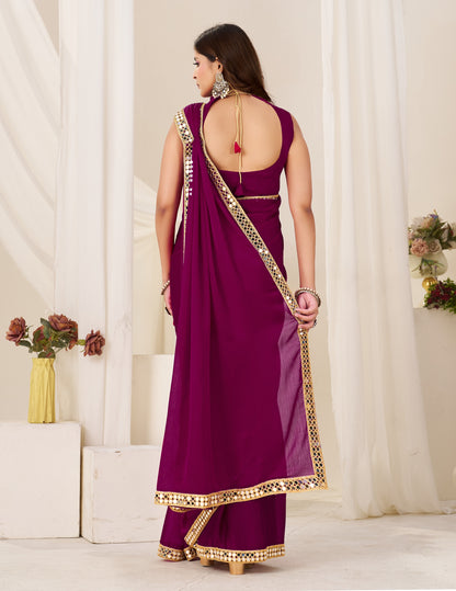 Back view of Chiffon Silk Deep Magenta Saree with Gold Mirror Border