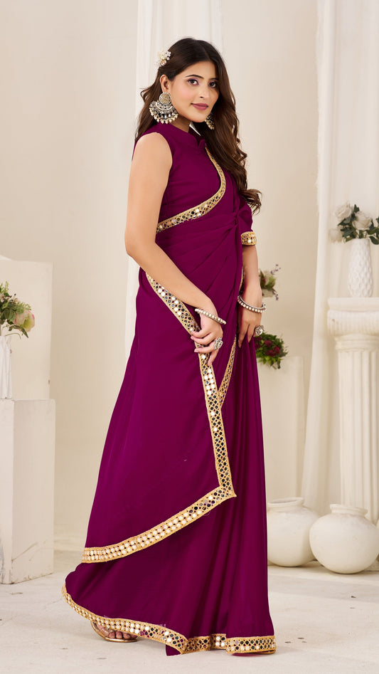 Chiffon Silk Deep Magenta Saree with Gold Mirror Border front view by Chhoga