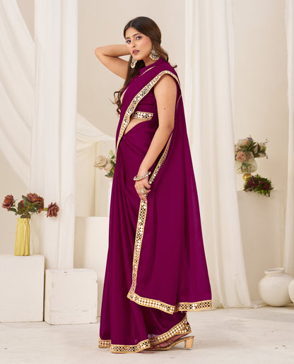 Side view of Chiffon Silk Deep Magenta Saree with Gold Mirror Border