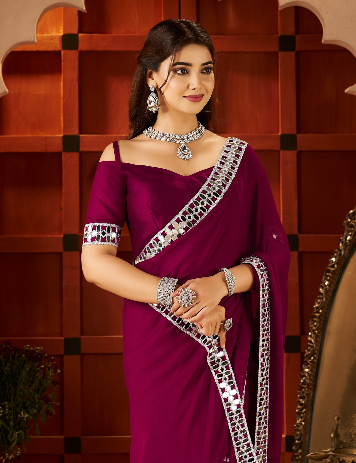 chiffon silk deep magenta saree with mirror embellished border front view by chhoga
