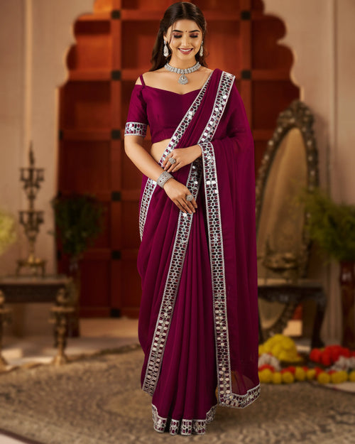 Full view of Chiffon Silk Deep Magenta Saree with Mirror Embellished Border