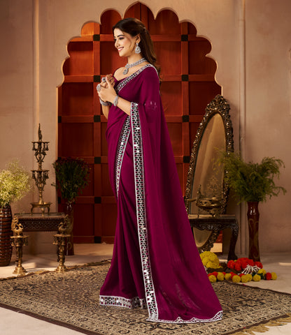 Side view of Chiffon Silk Deep Magenta Saree with Mirror Embellished Border