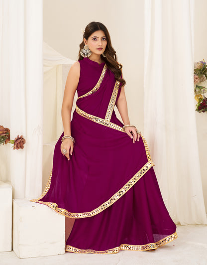 Pallu detail of Chiffon Silk Deep Magenta Saree with Gold Mirror Border