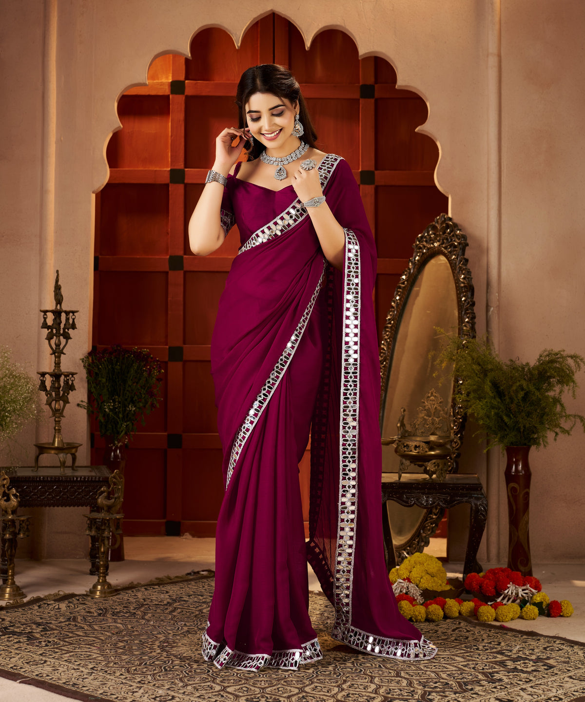 Chiffon Silk Deep Magenta Saree styled for party wear