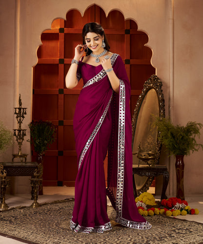 Chiffon Silk Deep Magenta Saree styled for party wear