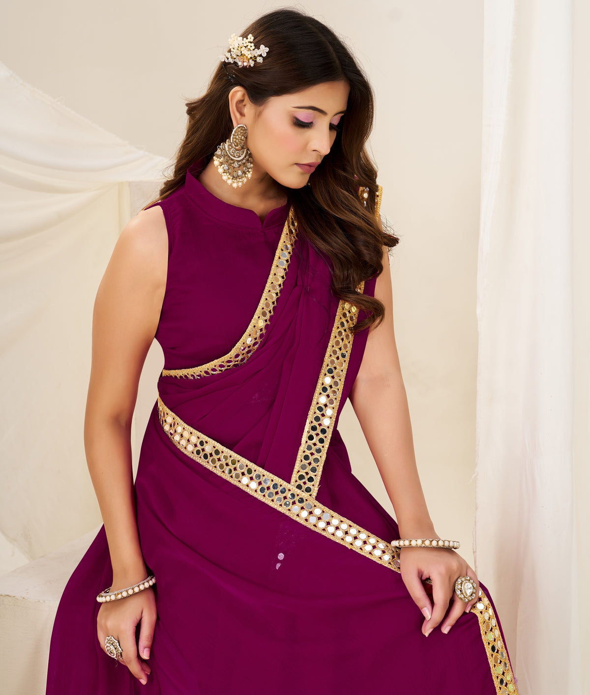 Stylish look in Chiffon Silk Deep Magenta Saree with Gold Mirror Border by Chhoga
