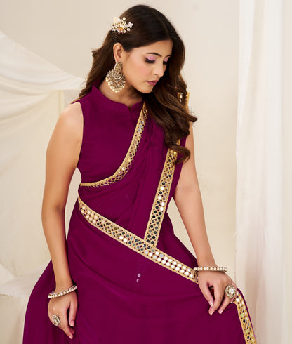 Stylish look in Chiffon Silk Deep Magenta Saree with Gold Mirror Border by Chhoga