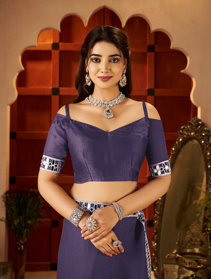 Matching blouse detail of Chiffon Silk Dusty Purple Saree with Mirror Embellished Border by Chhoga