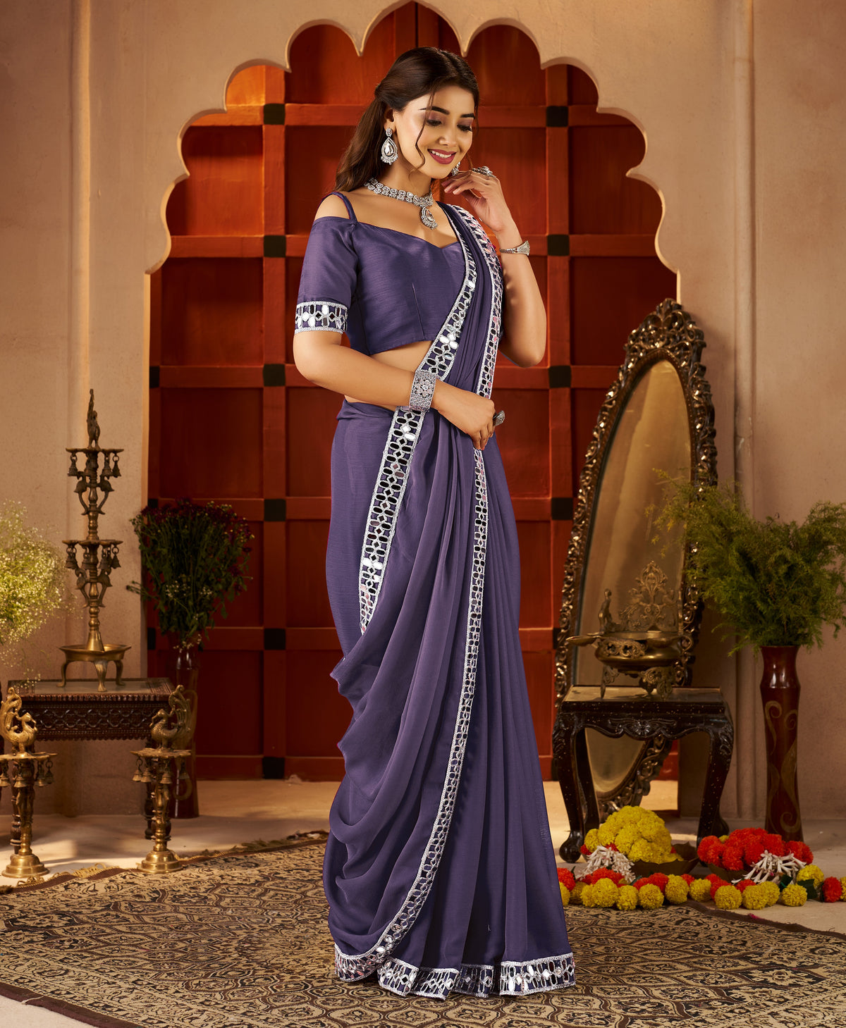 Chiffon Silk Dusty Purple Saree styled for festive wear