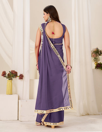 Back view of Chiffon Silk Dusty Purple Saree with Gold Mirror Border