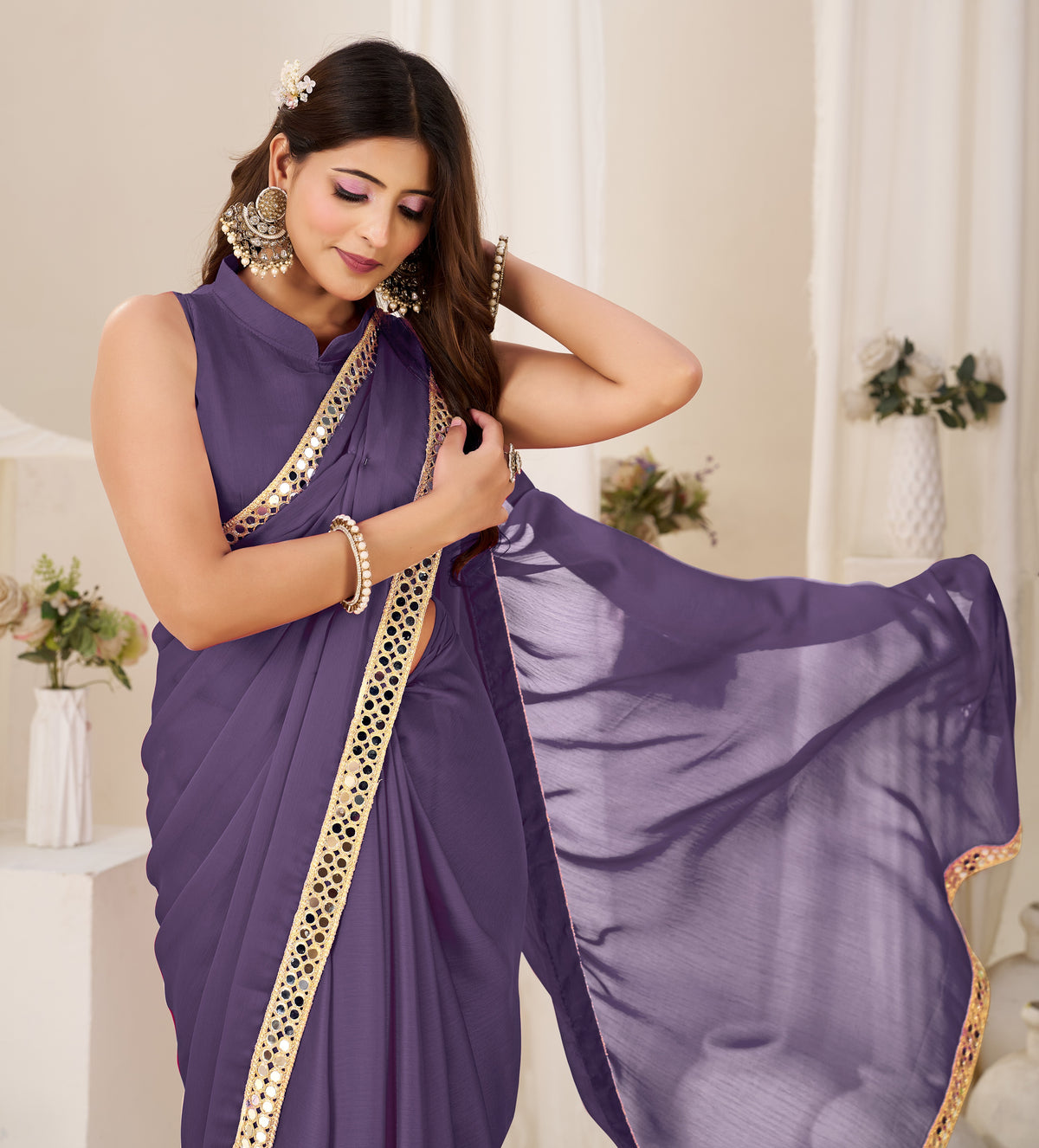 chiffon silk dusty purple saree with gold mirror border front view by chhoga