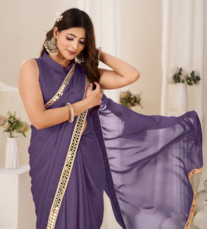 Chiffon Silk Dusty Purple Saree with Gold Mirror Border