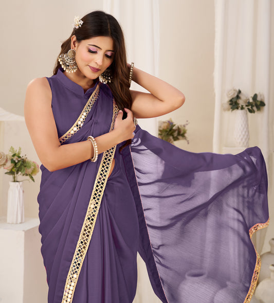 Chiffon Silk Dusty Purple Saree with Gold Mirror Border front view by Chhoga