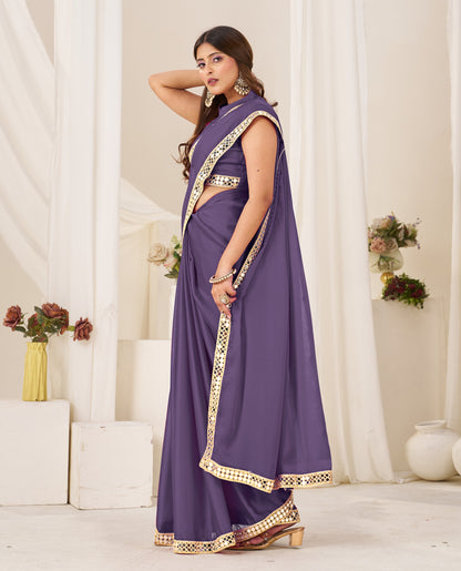 Side view of Chiffon Silk Dusty Purple Saree with Gold Mirror Border