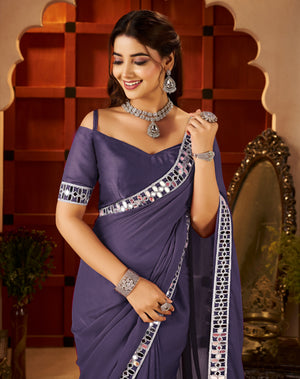 Chiffon Silk Dusty Purple Saree with Mirror Embellished Border