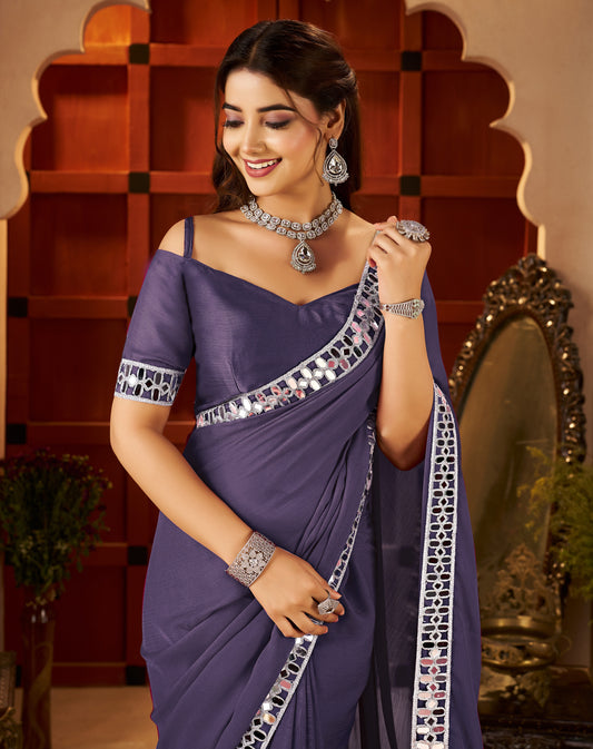 Chiffon Silk Dusty Purple Saree with Mirror Embellished Border front view by Chhoga